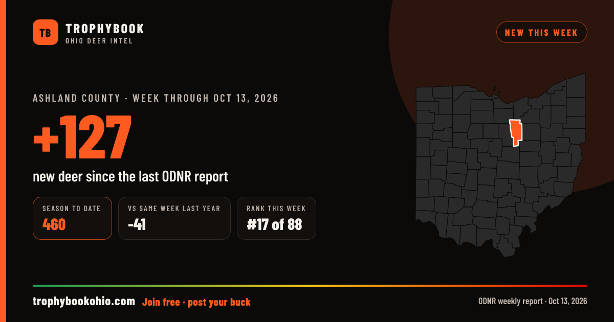 Ashland County: +127 deer checked in the week through Oct 13, 2026. Season to date: 460.
