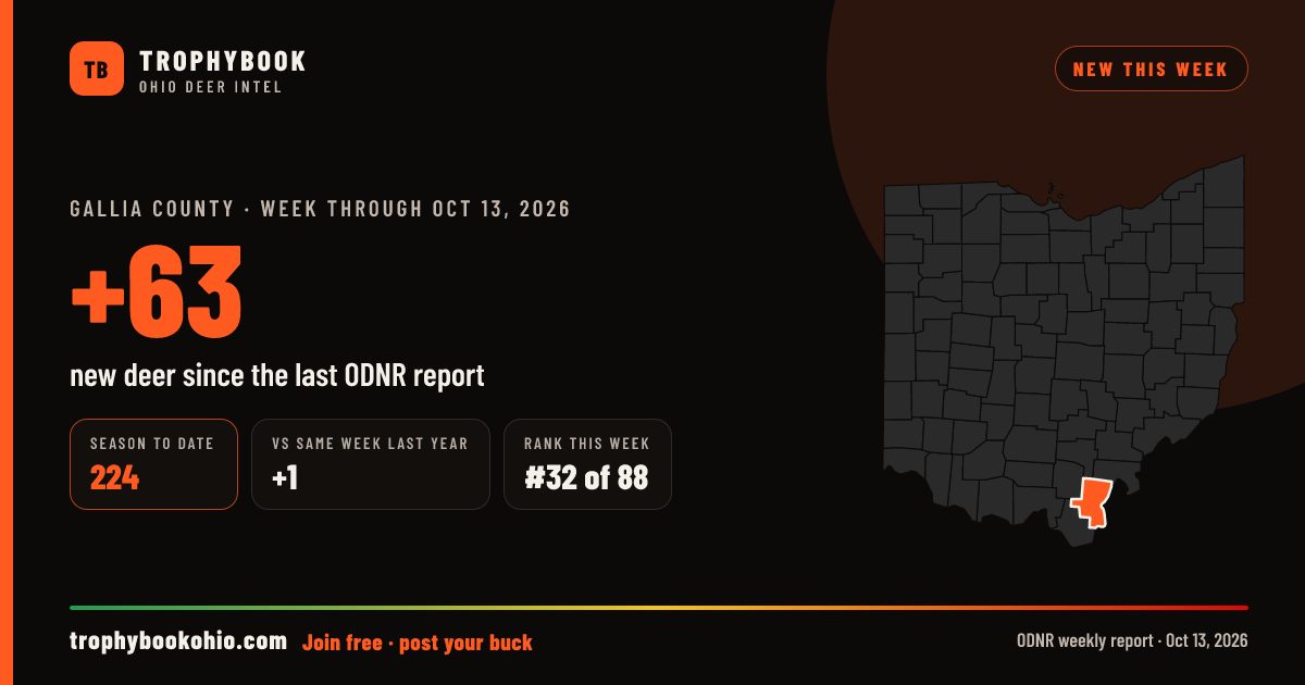 Gallia County: +63 deer checked in the week through Oct 13, 2026. Season to date: 224.