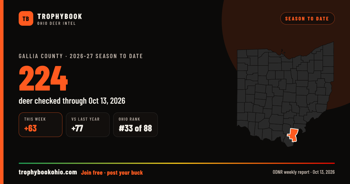 Gallia County 2026-27: 224 deer checked through Oct 13, 2026 (+63 this week).