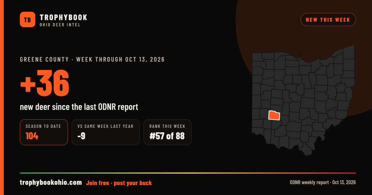 Greene County: +36 deer checked in the week through Oct 13, 2026. Season to date: 104.