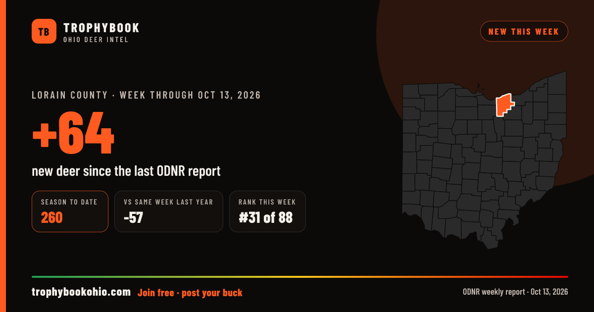 Lorain County: +64 deer checked in the week through Oct 13, 2026. Season to date: 260.