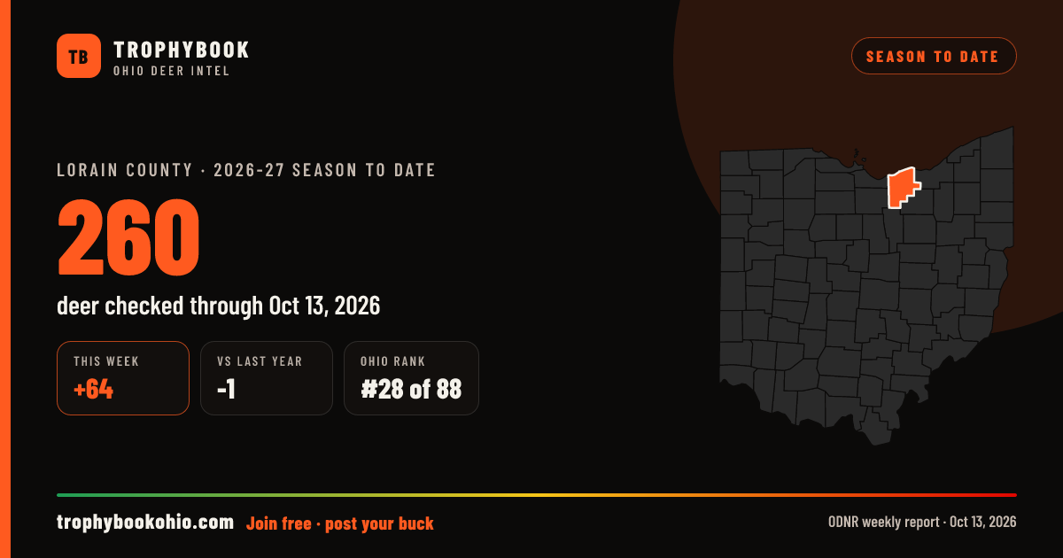 Lorain County 2026-27: 260 deer checked through Oct 13, 2026 (+64 this week).