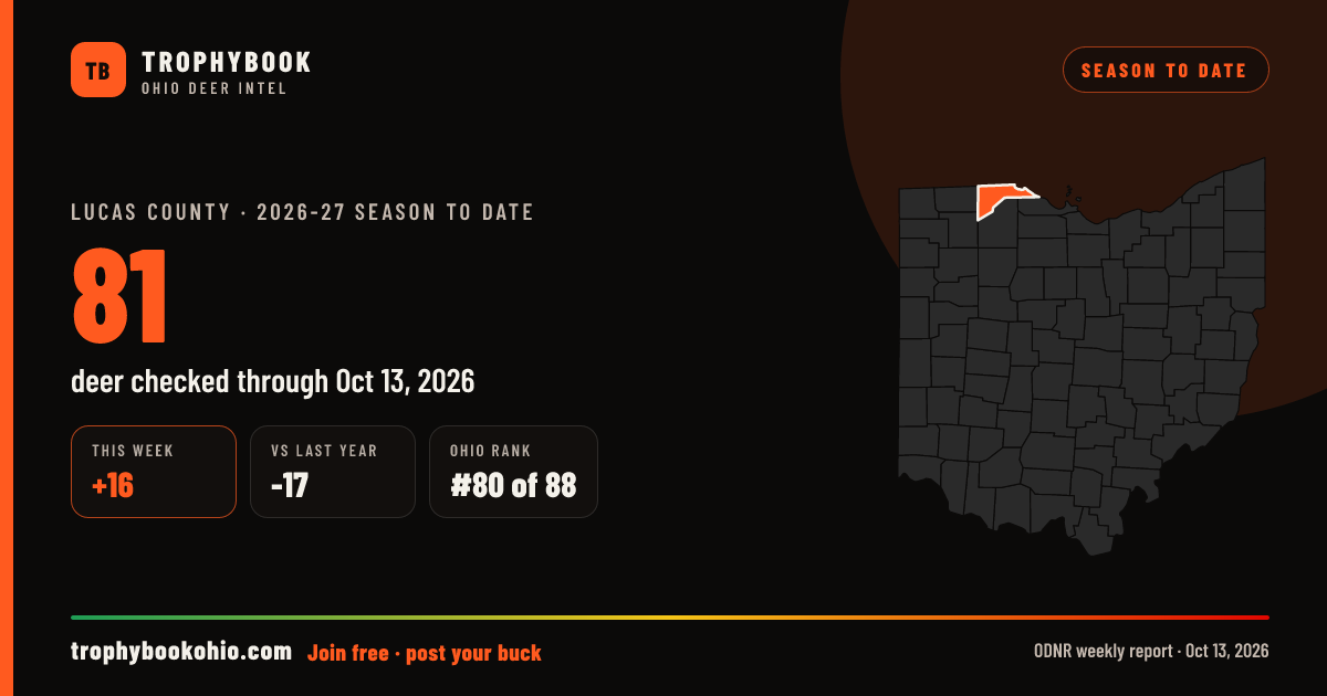 Lucas County 2026-27: 81 deer checked through Oct 13, 2026 (+16 this week).