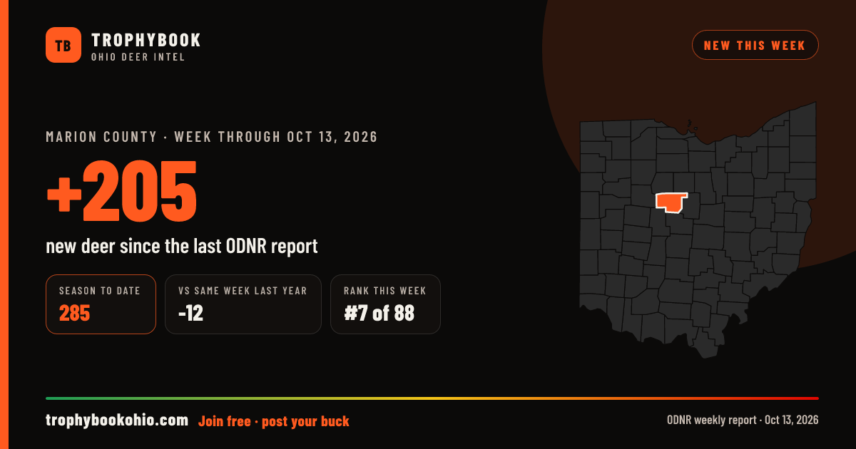 Marion County: +205 deer checked in the week through Oct 13, 2026. Season to date: 285.