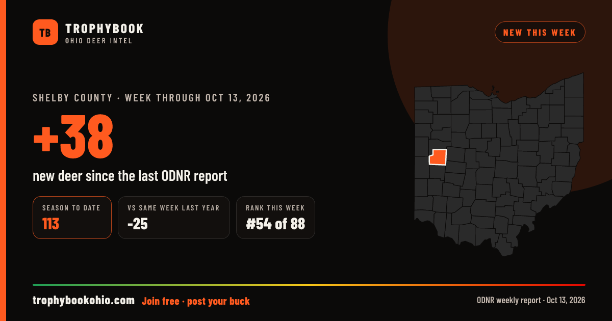 Shelby County: +38 deer checked in the week through Oct 13, 2026. Season to date: 113.